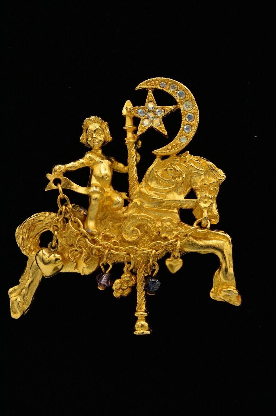 Kirks Folly Pin Brooch AB Dangle Crystal Brushed Gold Angel Carousal Horse BinJ